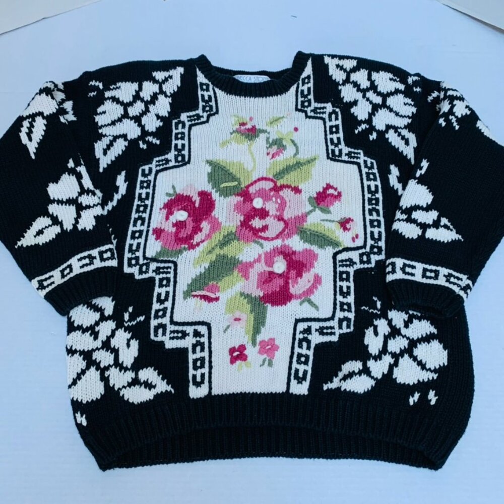 Vintage Rebecca Stone Womens Size Medium Sweater Black/Floral